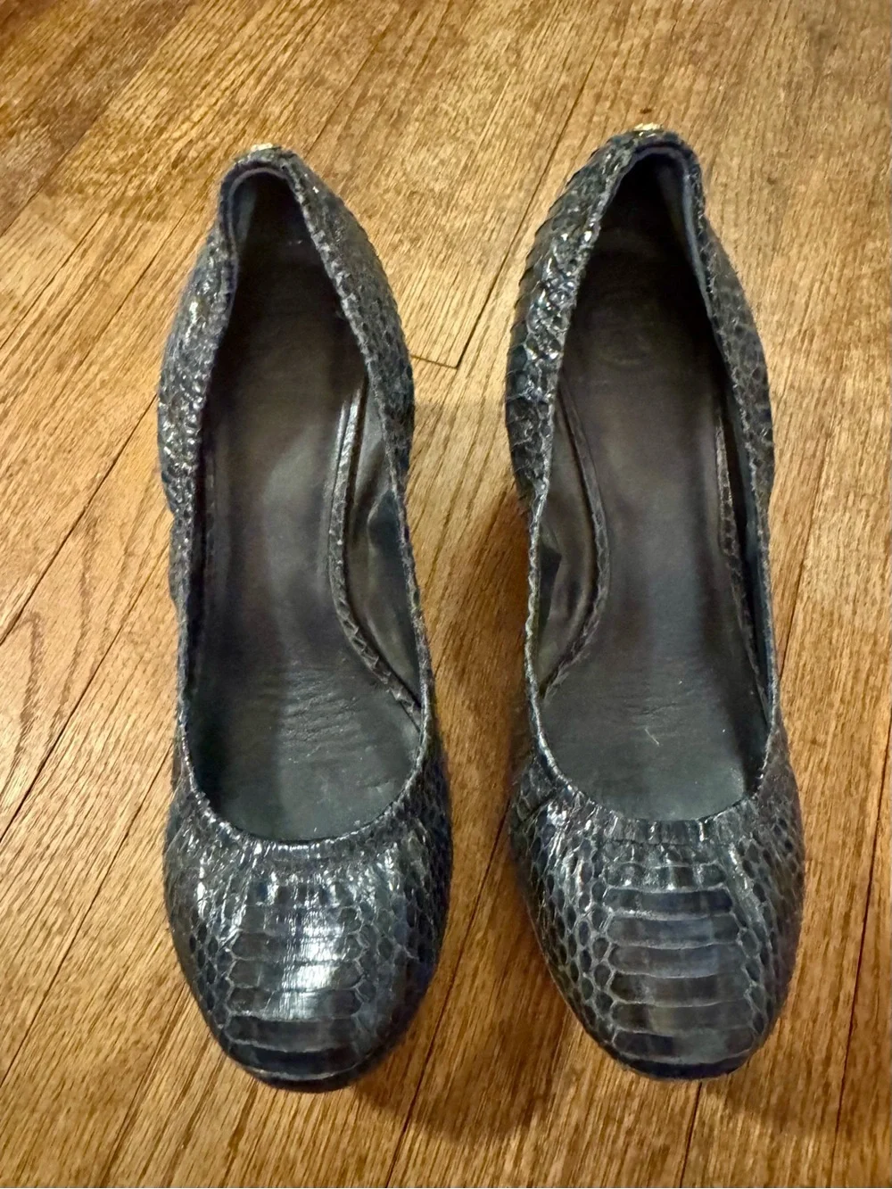Tory Burch Dark Navy Snake-Embossed Leather Wedges